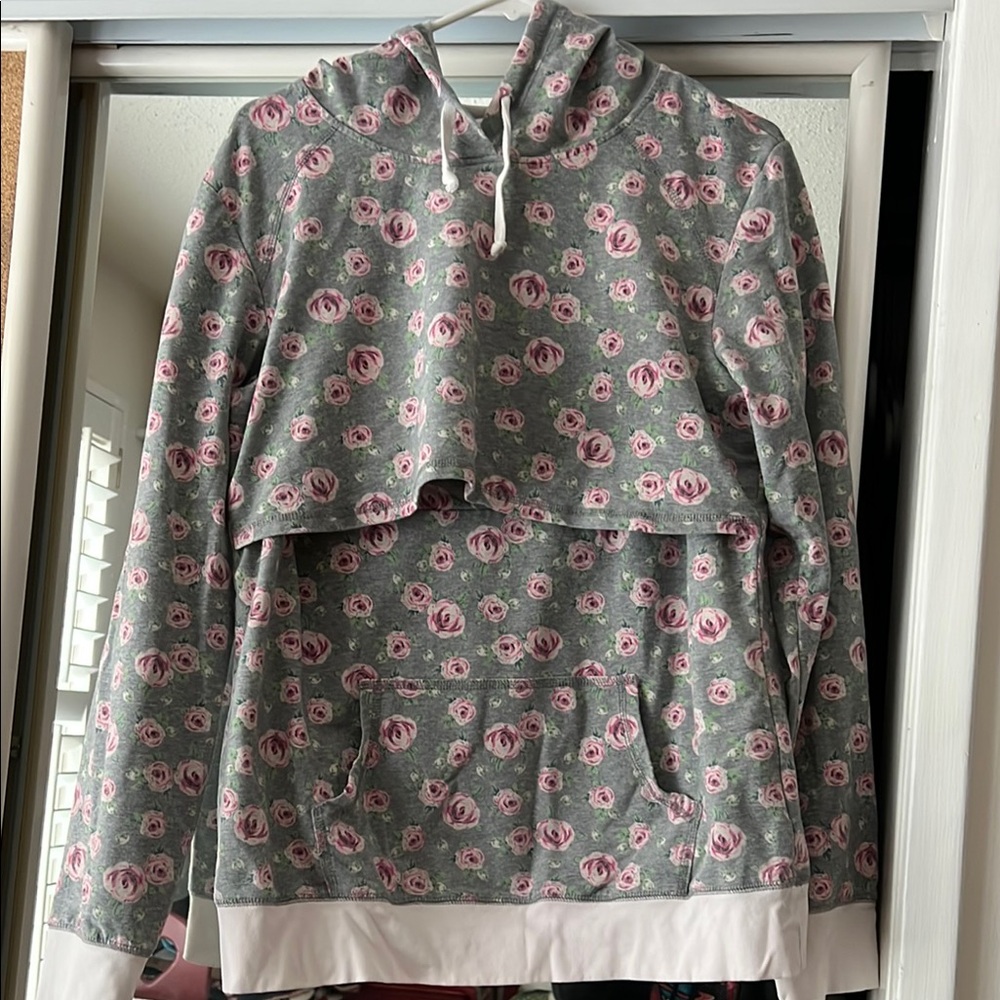 Latched Mama Gray and Pink Crop Hoodie Relaxed Fit